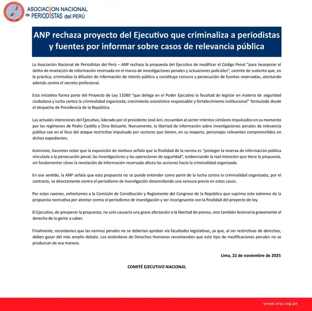 Comunicado de la Asociación Nacional de Periodistas (ANP) que rechaza el proyecto de ley del Ejecutivo que "criminaliza a periodistas y fuentes por informar sobre casos de relevancia pública" Comunicado de la Asociación Nacional de Periodistas (ANP) que rechaza el proyecto de ley del Ejecutivo que "criminaliza a periodistas y fuentes por informar sobre casos de relevancia pública"