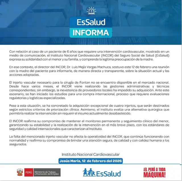  Autoridades emiten comunicado sobre el caso. Foto: EsSalud    