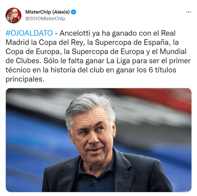 Ancelotti dirige por segunda vez al Real Madrid. Su segunda etapa comenzó a mediados del 2021. Foto: Twitter Mister Chip
