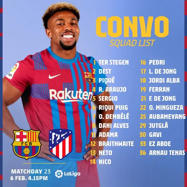 Los convocados del FC Barcelona para jugar ante Atlético Madrid por LaLiga Santander. Foto: Twitter @FCBarcelona_es