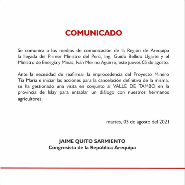 Comunicado de prensa de Jaime de Quito.