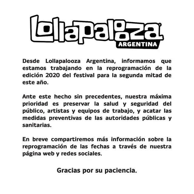Comunicado Lollapalooza Argentina. Foto: Instagram