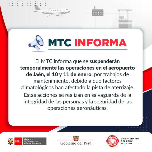 Suspenden operaciones en aeropuerto de Jaén este 10 y 11 de enero. Foto: MTC
