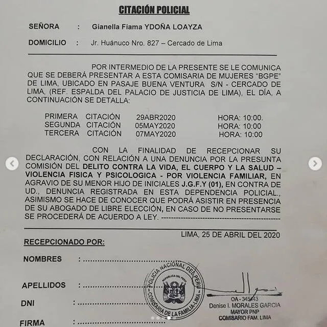 Denuncia contra Gianella Ydoña