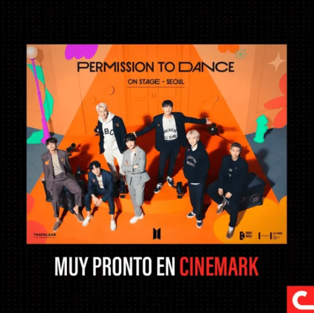 Anuncio de Cinemark sobre la proyección del concierto de BTS, Permission to dance on stage en Seúl, en cines de Perú. Foto: Instagram @cinemarkperu