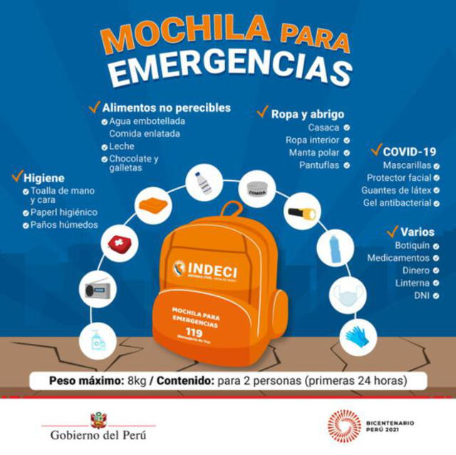 Mochila de emergencia. Foto: Indeci.