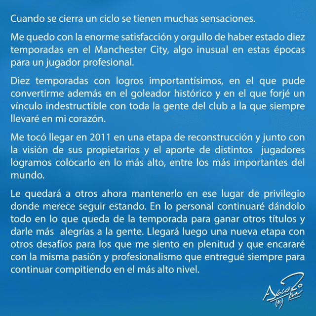 Sergio Agüero: comunicado tras confirmarse su salida del Manchester City