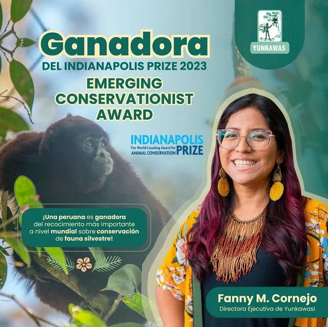 La peruana Fanny M. Cornejo ganó el premio Emergin Conservationist Award de Indianapolis Prize 2023. Foto: Instagram @yunkawasi 