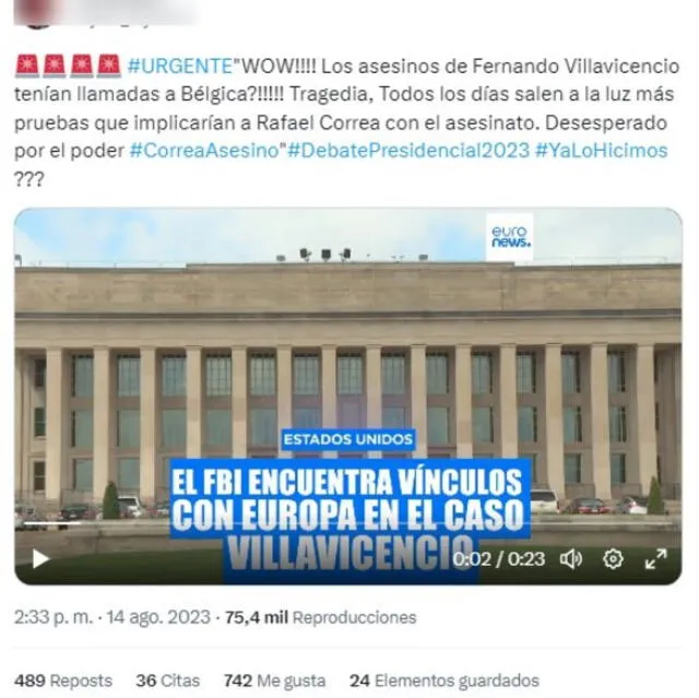  Video fabricado que asocia el caso de Fernando Villavicencio con Rafael Correa. Foto: captura en Twitter   