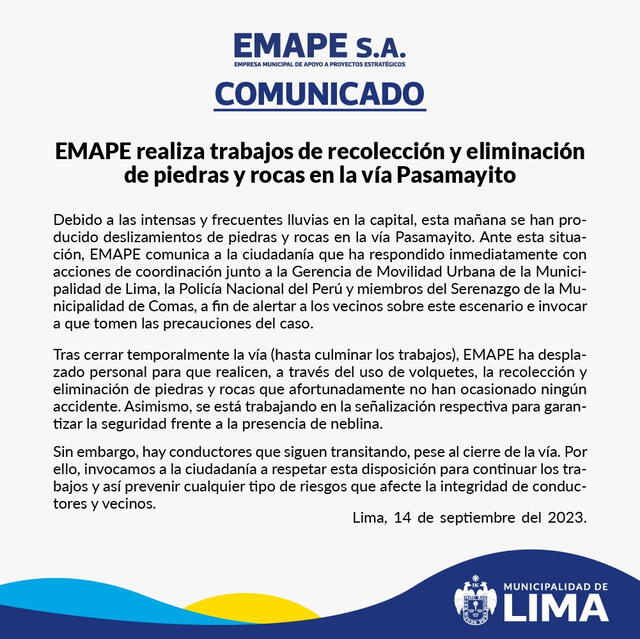  Comunicado de Emape: Foto: difusión 