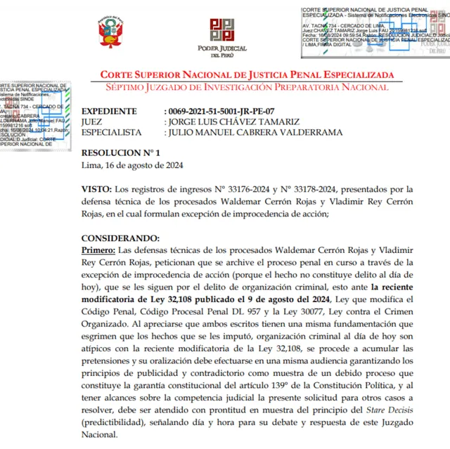  Resolución emitida por el juez Jorge Chávez Tamariz. | Foto: Poder Judicial.   