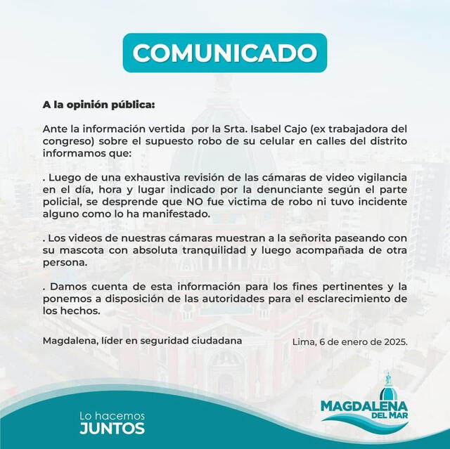  Comunicado de la Municipalidad de Magdalena sobre denuncia de Isabel Cajo, trabajadora del Congreso.   