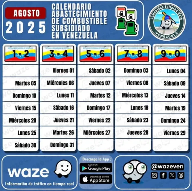   El cronograma para surtir gasolina subsidiada se renueva cada mes. Foto: Waze Venezuela/X   