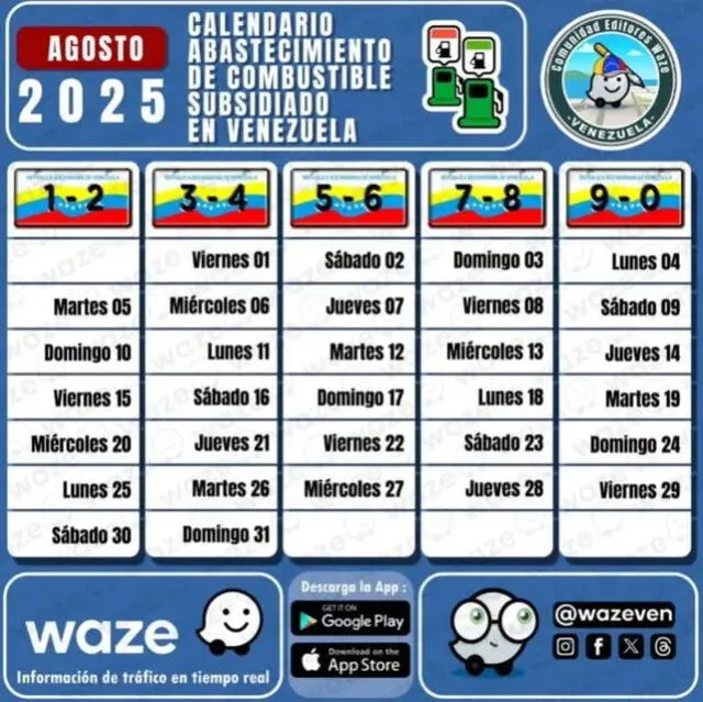   El cronograma para surtir gasolina subsidiada se renueva cada mes. Foto: Waze Venezuela/X   