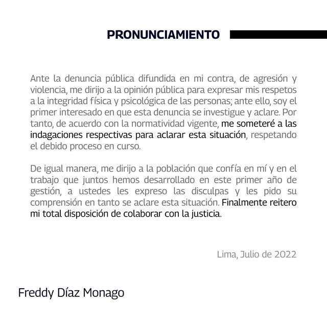 Pronunciamiento de Freddy Díaz Monago