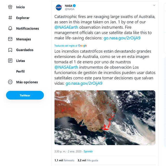 Imagen de la NASA del 2 de enero del 2020 acerca de los incendios en Australia.