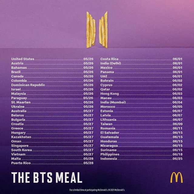 Lista de países donde se venderá el BTS Meal de McDonalds. Foto: Twitter