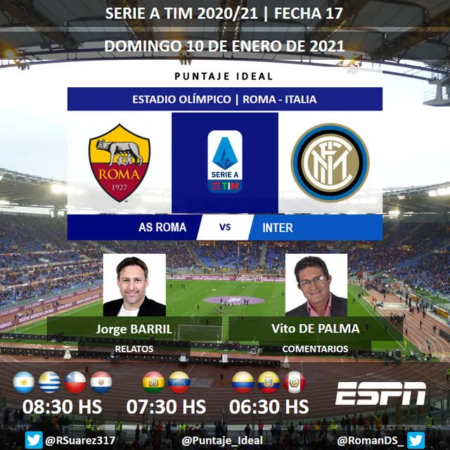 Programación Roma vs. Inter. Foto: Puntaje Ideal/Twitter