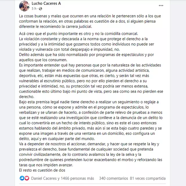 Lucho Cáceres se pronuncia contra los ampays a famosos en Facebook. FOTO: Captura Facebook / Lucho Cáceres