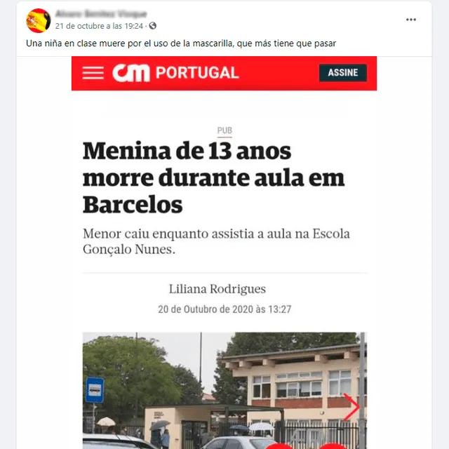 Es falso afirmar que en Portugal una niña ha fallecido a causa del uso de mascarilla