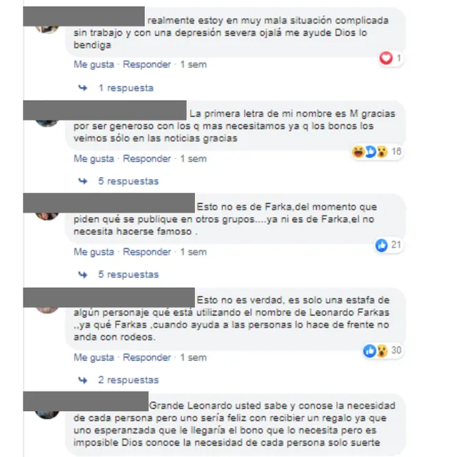 Comentarios en la publicación de la fanpage falsa Leonardo Farkas 2020.