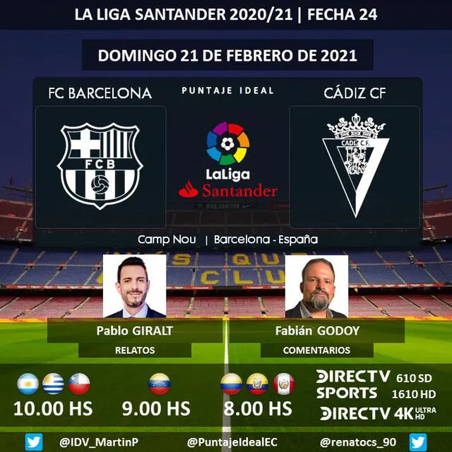 FC Barcelona vs. Cádiz por DirecTV Sports. Foto: Puntaje Ideal EC/Twitter