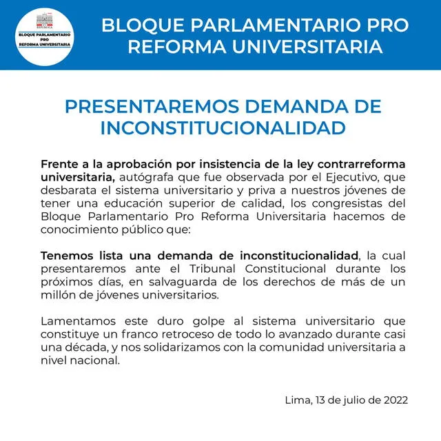 Desde el Congreso, parlamentarios a favor de la reforma universitaria señalaron que tomarán acciones. Foto: Twitter/Flor Pablo