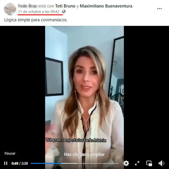 Video viral en el que una mujer afirma que ninguna vacuna ha probado ser efectiva. FOTO: Captura de pantalla.