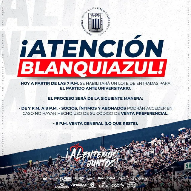 Alianza Lima pondrá a la venta nuevas entradas. Foto: Twitter/Alianza Lima