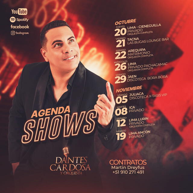 Agenda de Dantes Cardosa para octubre-noviembre 2022. Foto: Dantes Cardosa/Instagram