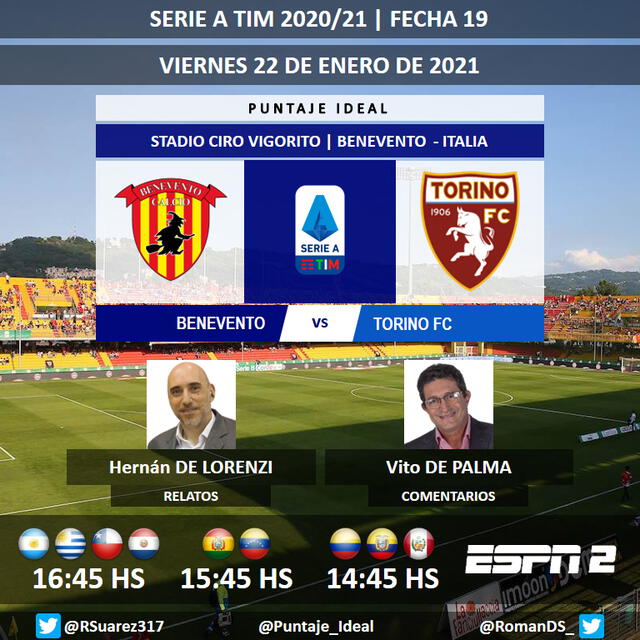 Benevento vs. Torino vía ESPN 2. Foto: Puntaje Ideal PE/Twitter