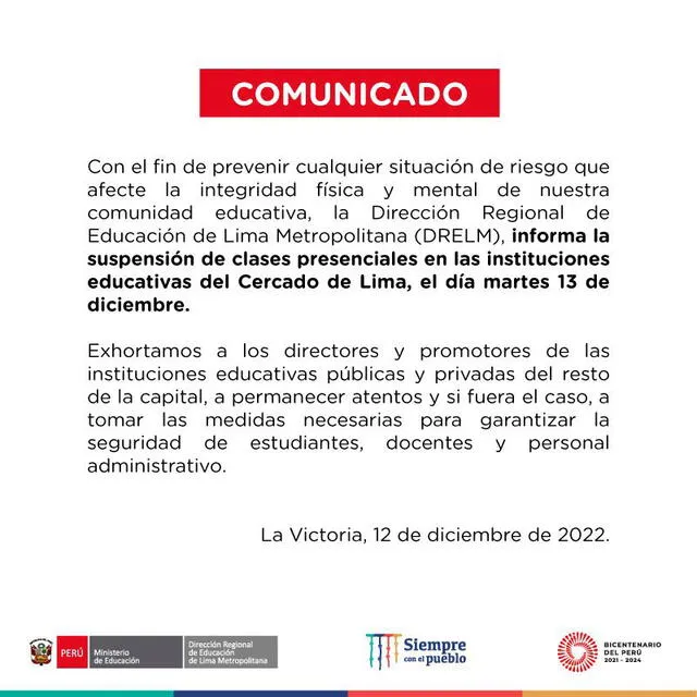 Comunicado de la Dirección Regional de Educación de Lima Metropolitana. Foto: Twitter/DRELM