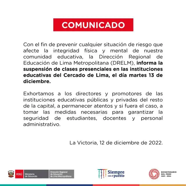 Comunicado de la Dirección Regional de Educación de Lima Metropolitana. Foto: Twitter/DRELM