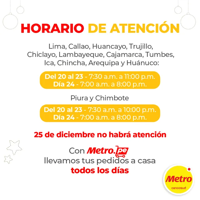 Horario de atención en Metro. Foto: Facebook
