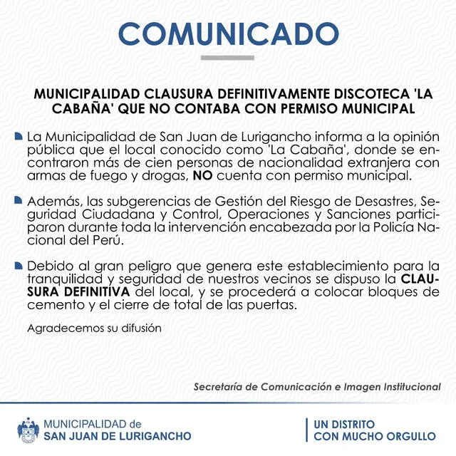 Comunicado de la Municipalidad de San Juan de Lurigancho sobre discoteca La Cabaña.