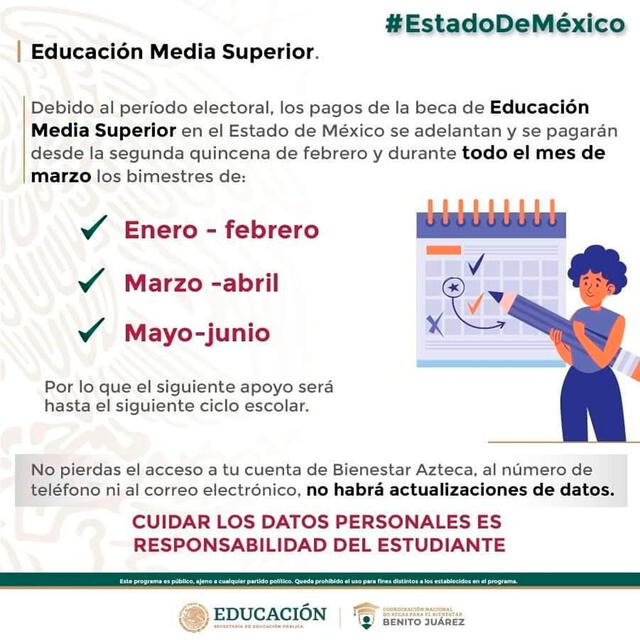 Anuncio sobre los pagos de la Beca Benito Juárez Media Superior en el Estado de México. Foto: BecasBenitoJuarezEdomex/Facebook