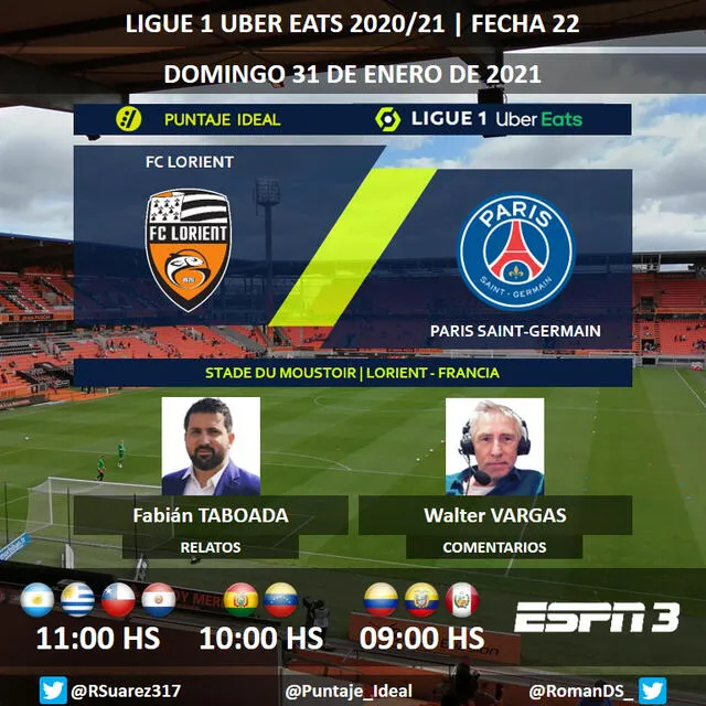PSG vs Lorient vía ESPN 3. Foto: Puntaje Ideal/Twitter