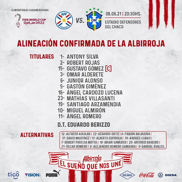 Equipo titular de la Albirroja. Foto: Selección paraguaya