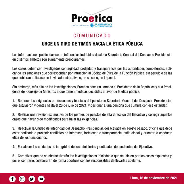 Comunicado de Proética fue difundido en su red social. Foto: Twitter