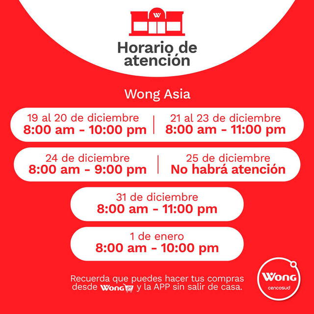 Wong Asia tendrá un horario especial y aparte durante las fiestas.