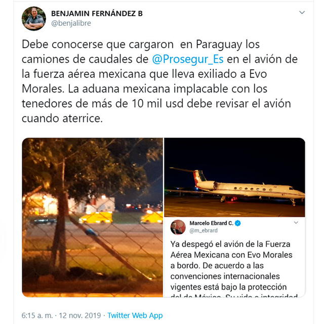 Periodista de Paraguay afirmó que el avión trasladaba a Evo Morales.