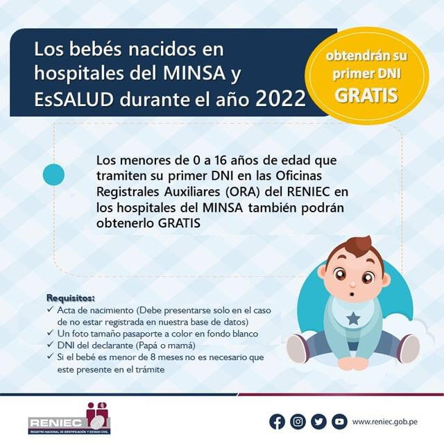 Reniec autoriza gratuidad de primer DNI de recién nacidos en Minsa y EsSalud durante el 2022. Foto: Reniec