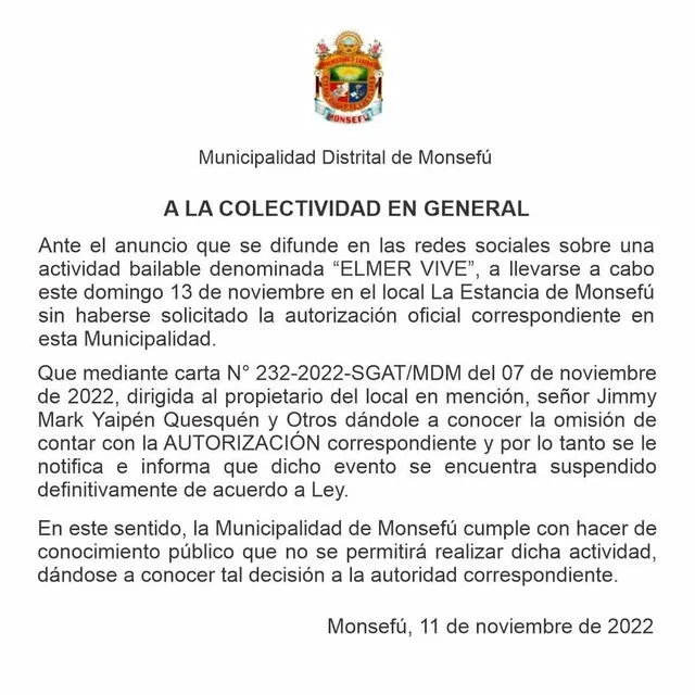 Comunicado. Fuente: Municipalidad Distrital de Monsefú