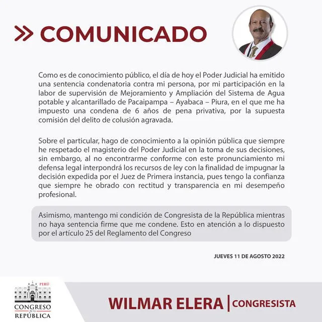 Wilmar Elera anuncia que  impugnará sentencia de 6 años por el delito de colusión agravada. Foto: comunicado oficial