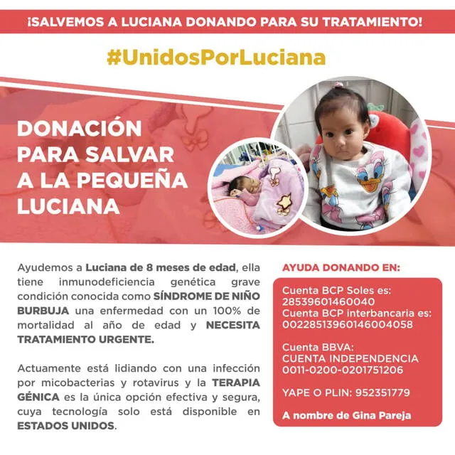 Luciana requiere de apoyo para salvar su vida. Foto: difusión