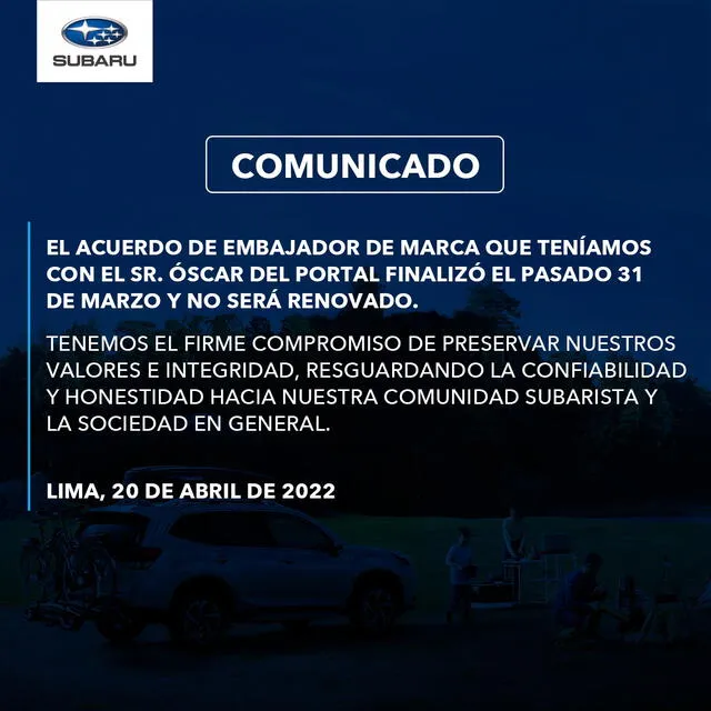 Subaru, empresa de autos, emitió este comunicado sobre Óscar Del Portal. Foto: Subaru Perú