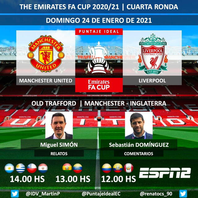 Manchester United vs Liverpool vía ESPN 2. Foto: Puntaje Ideal/Twitter