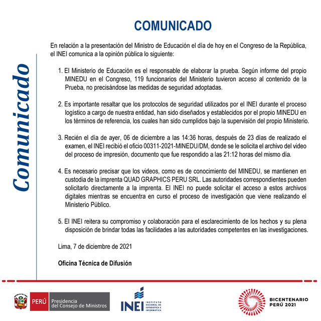 Comunicado de INEI. Foto: INEI