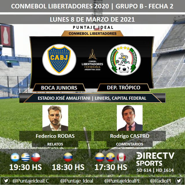 Boca Juniors vs Deportivo Trópico por DirecTV Sports. Foto: Puntaje Ideal/Twitter