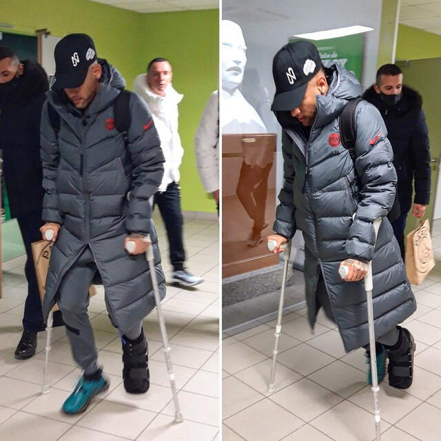 Neymar saliendo del hospital con muletas. Fotos: Le Parisien